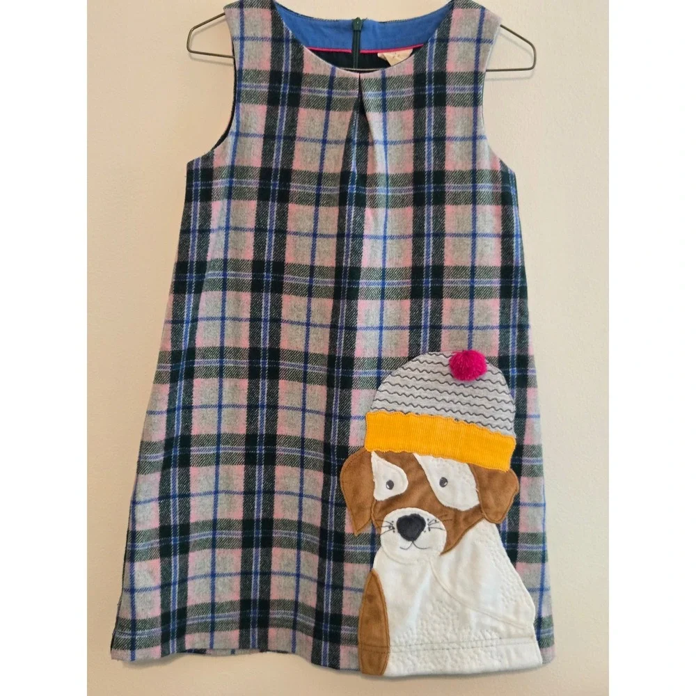 Mini Boden Plaid Dog Applique A Line Dress Girls 7 8 Years Blue Pink‎ Gray